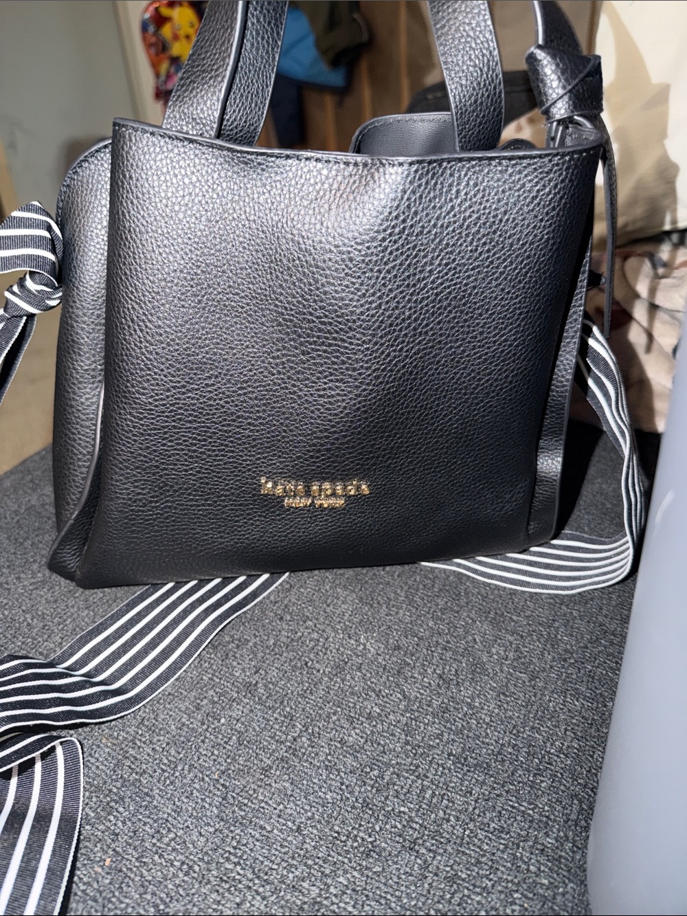 kate spade Black Pebbled Leather Small Tote with Striped crossbody strap